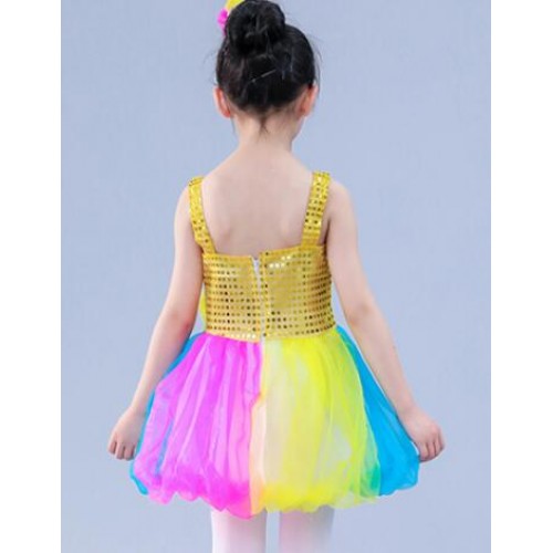 Girls children rainbow colored jazz modern dance princess dresses chorus singers school competition stage performance video cosplay costumes